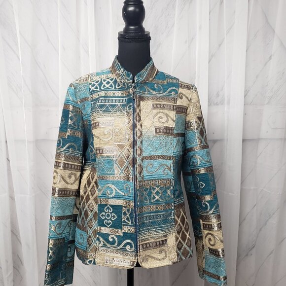 Dressbarn Jacket Blue Brown Embroidered Tapestry Patchwork Artsy Retro M - Picture 13 of 13